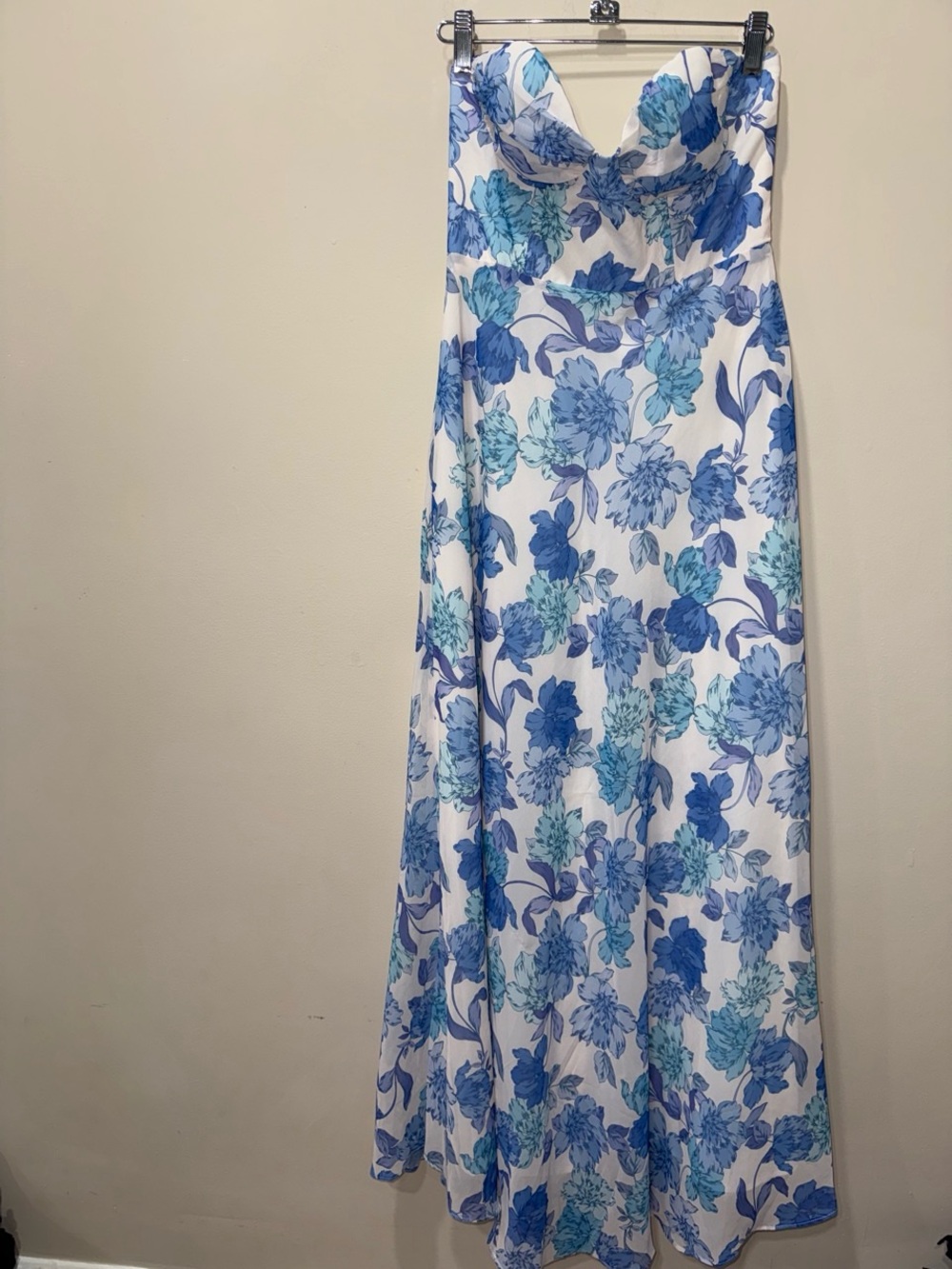 Strapless White Maxi Dress with Blue Floral Print